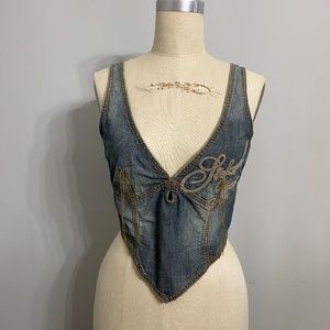 STEFANEL JEANS DEEP V-NECK TIE BACK DENIM HALTER TOP